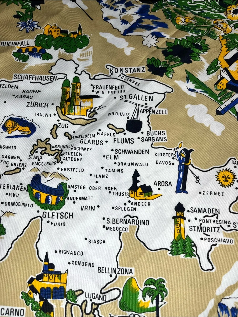 Vintage Map Print Silk Scarf in Navy, Yellow & Green